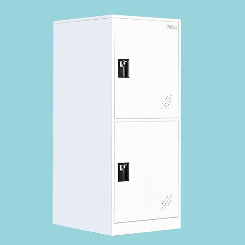 MECOLOR Kleiner Stahlschrank mit Vorhängeschloss Riegel, freistehend, vertikal, abschließbar, weißer Metallschrank, Spind für Wohnzimmer, Fitnessstudio (Weiß, 2D), MCRP2VFW