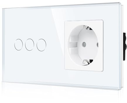 CNBINGO Glas Lichtschalter und Schuko Steckdose Unterputz – Touch Lichtschalter mit LED Status – Wandschalter mit Glasrahmen – 3 Fach Weiß