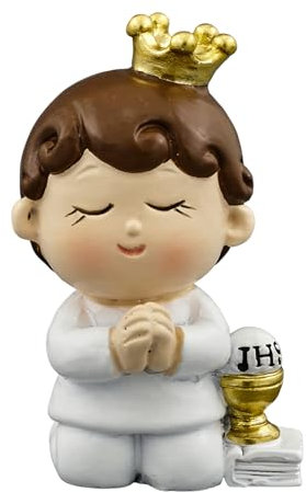 Doni Bomboniere Comunione 12PZ Statuina Bambino Vestito di Bianco Confettata Pensierini Ricordini Angioletto Maschietto in Preghiera con Accanto La Bibbia E Il Calice L' Ostia sul Capo Ha Una