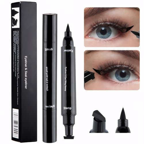 LINXINS 2 PCS 2 in 1 Winged Eyeliner Stamp Waterproof Liquid Eyeliner Pencil Black Eyeliners Pen Beauty Cat Eye Stamp Wing Eyeliners Tool for Easy to Use Long Lasting Smudge-Proof No Dipping