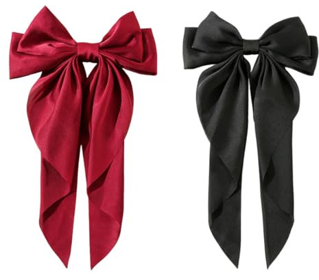 2 Pezzi fermagli per capelli con fiocco grande, forcina con fiocco in tinta unita, molletta francese con raso lungo setoso, accessori per capelli da donna per adolescenti adulti(Nero e Rosso)