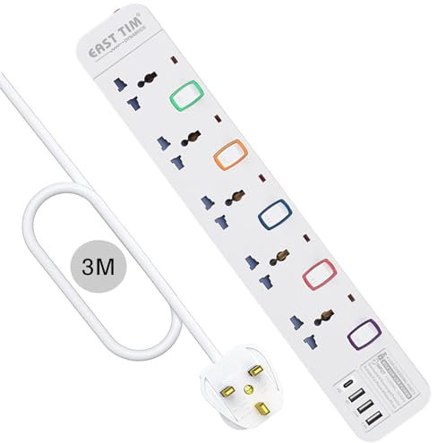East Tim Extension Lead with USB C Slots Switches 5 Ways Power Strip Fast Charging White Power Extension Cord Mutli Plug Adapter with 3M Extension Cable Individual Switches for Room, Office, Dorm