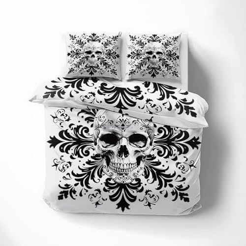 MOBEITI Totenkopf Bettwäsche 200x220, Gothic Schädel Wendebettwäsche, Weiche Kuschelige Mikrofaser Bettbezug Set 3teilig, 2 Kissenbezug 80x80, mit Reißverschluss -MO&192