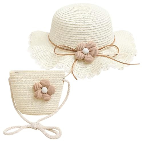 AOOPOO Chapeaux de Paille Filles et Petit Sac Ensemble avec Décoration Florale Chapeau de Soleil d'été Enfant pour Plage Voyage Randonée 2-7 Ans
