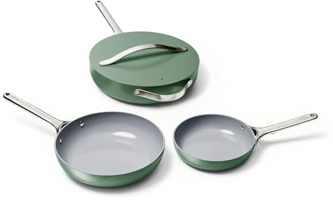 Caraway Fry Pan Trio - Non-Stick Frying Pans (10.5” & 8”) & Non-Stick Saute Pan - Non Toxic, PTFE & PFOA Free - Oven Safe & Compatible with All Stovetops (Gas, Electric & Induction) - Sage