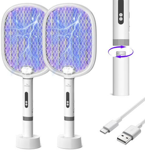 PALONE 2 x Elektrische Fliegenklatsche 4000V mit 2 Type-C, Abnehmbar Tragbar 1800mAh Wiederaufladbar Fliegenklatsche Elektrisch, Nacht LED UV Insektenvernichter Elektro Mückenklatsche
