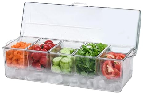 Portacondimenti refrigerati con coperchio,Portacondimenti refrigerati - Vassoio per server per condimenti di ghiaccio,Vassoio per condimenti con 5 scomparti, vassoio da portata trasparente per feste e