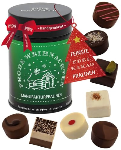 Hallingers Genuss Manufaktur Pralinen Weihnachts-Geschenk - ohne Alkohol, handmade aus Confiserie-Edelkakao in wertiger Geschenkdose Green, Frohe We..., Weihnachten für Frauen Männer