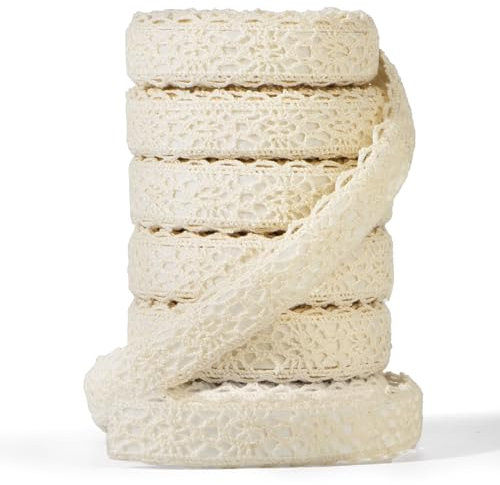 6 Rollen 10,9 m selbstklebend Spitzenband Baumwolle Stoff Spitze Vintage Zierband für Handwerk Hochzeit Geburtstag Dekoration DIY Basteln Scrapbooking Deko Spitzenborte Dekoband Bordüre (Beige)