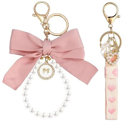 Aikeis Porte-Clés Perle avec Nœud Rose et Coquillage d'Amour - Accessoires pour Clés de Voiture, Femmes et Filles - Rose, L