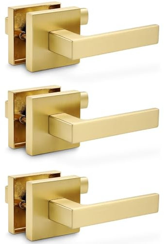 Linkaa Satin Brass Closet Door Knobs Interior 3 Pack, Brushed Gold Door Handle Lever Passage for Hallway Bedroom Bathroom,Standard Front Door Lock with Latch & Screws