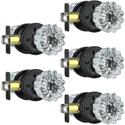 Calzibeno Glass Door Knobs, 5 Pack Glass Black Door Knobs with Lock for Privacy Use, Vintage Crystal Door Knobs Inerior for Bathroom Bedroom, Vintage Glass Door Knob Set