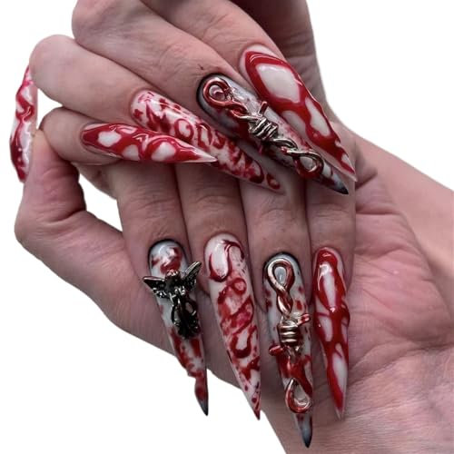 24pcs Long Pointu Faux Ongles Avec Sang 3D Heavy Metal Press On Nails Portable Couverture Complète Européen Halloween Faux Ongles Patch Détachable Manucure Été Luxe