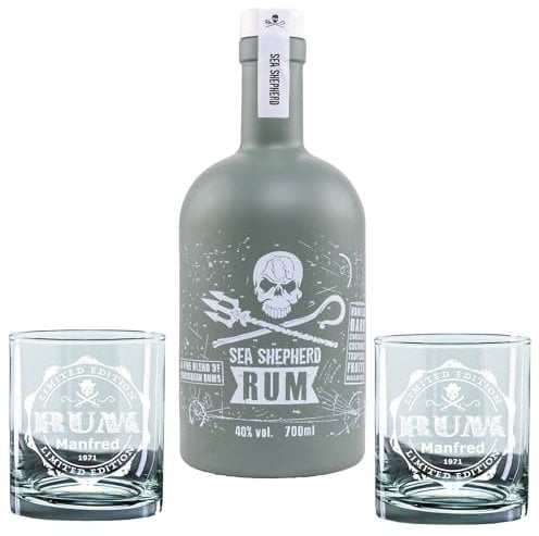 Set regalo 2 bicchieri + 1 bottiglia di rum caraibico, idea regalo personalizzata incisa al laser con nota personale, bicchieri di rum incisi, confezione regalo (con Sea Sherd Rum 40% Vol, vetro 200