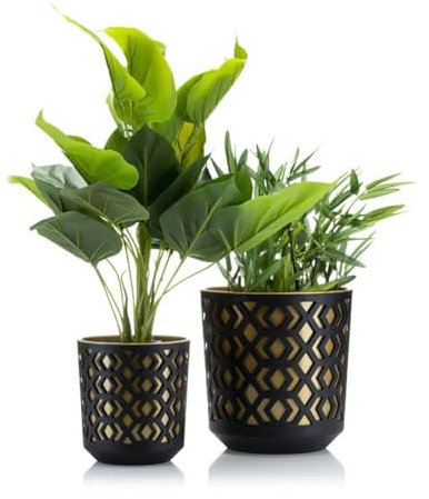 HowHomely Schwarz Blumentopf mit Golden Pflanzkübel Einsatz - Set aus 2 Übertopf für Wohnzimmer Garten oder Terrasse - Leichter und Stabiler Blumenkübel Wetterfest