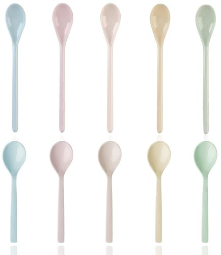 NVGVUP 10 PCS Coloured Long Handled Spoons, Plastic Spoons Reusable for Mixing Latte Coffee, Ice Cream Spoons, Long Teaspoons for Sundae Dessert Jam Honey Coffee (2 Styles)