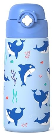 Kiocko Borraccia Per Bambini, In Acciaio Inox, 500 Ml, Certificata TüV, Senza Bpa,Bottiglia Acqua Con Cannuccia A Prova Di Perdite, Per Scuola, Asilo (Squalo)