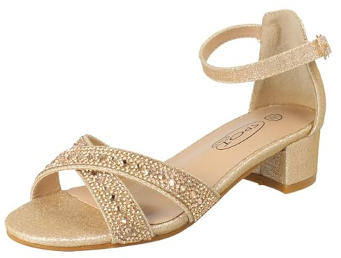 Spot On Girls Small Heeled Ankle Strap Glitter Sandals H1122 - Rose Gold Glitter - UK Size 1 - EU Size 33 - US Size 2