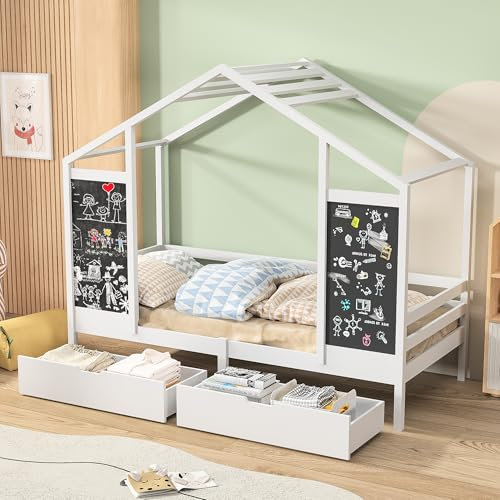 SUNFECILI Kinderbett 90x200 cm,Kinderbett Hausbett mit Rausfallschutz, Montessori Bett Bodenbett aus Kiefer,Hausbett Kinder inkl,Hausbett mit Schubladen und Tafel, Ohne Matratze,Weiß