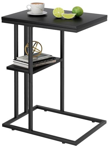 Huhote C Shaped End Table, Sofa Tables, Coffee Table Under Sofa, Small Couch Side Snack Tables, TV TrayTable for Small Space, BedsideTable with Metal Frame for Living Room & Bedroom, Black