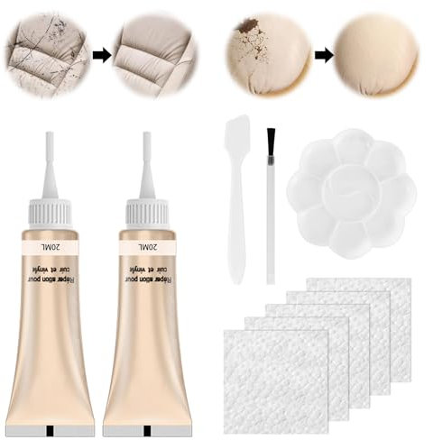 QEEROYO Leder Reparatur Set, Kunstleder Reparaturset, Lederreparatur Creme, 2×20ml Leder Kratzer Entferner, Reparatur Set für Autositze,Sofas, Lederjacke,Schuhe,Gürtel Kratzer,Löcher, Beige