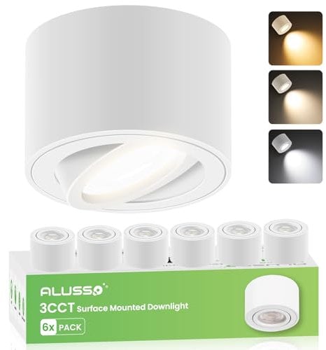 ALUSSO LED Aufbauspot Weiß Dimmbar, 6W 540LM LED Modul 230V, 3000K/4000K/6500K Einstellbar Deckenstrahler, 60°&120° Wählbar Aufbaustrahler, Extra Flach 30°Schwenkbar Ø80x50mm Deckenspots, 6er-Pack