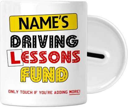 Personalised Gift - Driving Lessons Fund - Money Saving Box - Piggy Bank - 17th 18th Birthday Gift - Learner Driver Savings Jar - Keepsake - L Plate - Mens Womans Ladies Teens Gifts D2