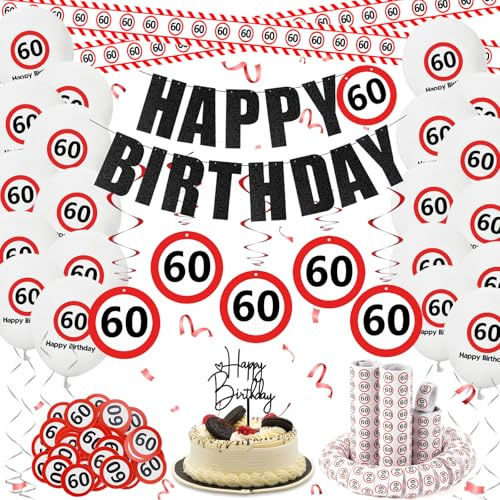 Affivia Verkehrszeichen Deko 60. Geburtstag Mann Frau,60 Geburtstag Deko Set mit Absperrband,Luftballons,Konfetti,Luftschlangen,Spiralen,Girlande,Tortendeko,Deko 60 Geburtstage,Geburtstagsdeko 60 Jahr