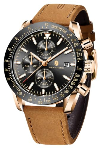 BENYAR Orologio da Uomo Cronografo Analogico al Quarzo, Cinturino in Pelle, Stile Business Sport Casual, 50M Impermeabile, Antigraffio, Regalo Elegante per Uomo, Oro Rosa Nero