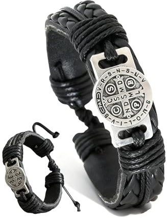 ZukqrymluvIQ Herrenarmband, Schwarz-Braunes Lederarmband Vintage-Schutzarmband Mit Saint-Benoît-Medaille, Das Perfekte Geschenk Für Männer Und Frauen