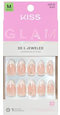 KISS GLAM 3D & Jewel Press On Nails, Nail Glue Included, ‘Serendipity Awaits’, Neutral, Medium Size, Almond Shape, Includes 32 Nails, 2g Glue, 1 Manicure Stick, 1 Mini File