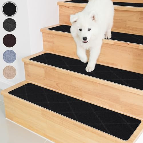 Homwiz Treppenstufen Matten, 76x20cm, Antirutsch Stufenmatten, Schwarz | 15 Stück, Ohne Kleben, Rutschfest ,Waschbar Treppen Teppich, Wiederverwendbar Treppenteppich Innen für Haustiere Senioren