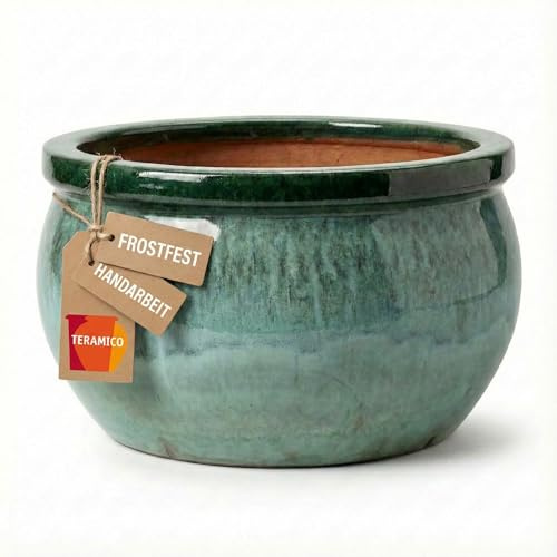 Teramico Pflanzschale Bavaria Steinzeug Keramik – Absolut Winterhart & Frostfest – Hochwertige Handarbeit für Garten Terrasse & Außen (Moos Grün, 28cm x 17cm)