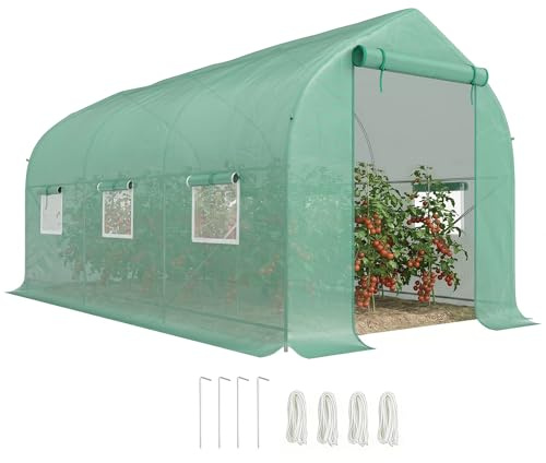 Outsunny Serra da Giardino a Tunnel 4x2x2 m con Porte Avvolgibili Verde | 6 Finestre, Serra per Orto, Tetto a Spiovente, Struttura in Metallo, Copertura PE, per Orto Verdure Fiori Frutta