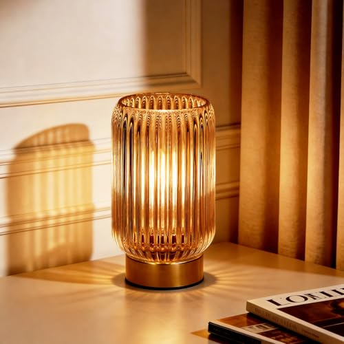 MJ PREMIER Battery Operated Lamp, Small Cordless Lamp with Timer, Yellow | Vertical Stripes Glass Lampshade, Small Table Lamps for Area No Plug, Decorative Led Light for Bedroom Living Room Shelf