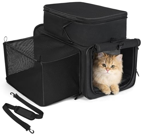 Apollo Walker Transportbox Katze für Flugzeug, Erweiterbar, Faltbar,Schwarz | Kratzfestes Mesh, Kofferschlaufe, zwei Tragearten, Sicherheitsgurt Schlaufe, Faltbar, Erweiterbar, für Flugreisen