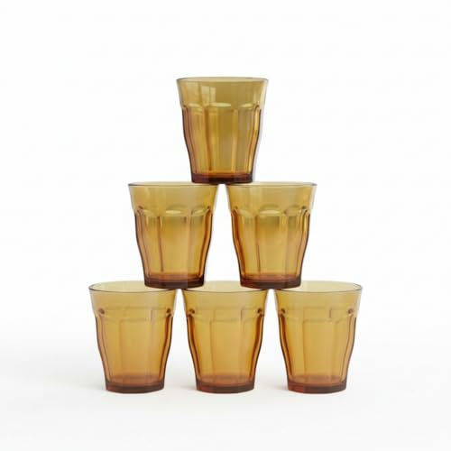 DURALEX | Set 6 Vasos de Cristal Agua 250 ml Picardie Ámbar, Vasos Bajos de Vidrio con Relieve Vintage, Ideales para Agua y Refrescos, Aptos Lavavajillas y Microondas