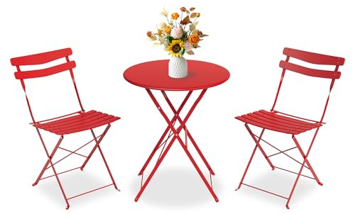 Bistroset 3-Teilig Mit Bistrotisch&2 Klappbaren Stühlen, Gartenmöbel Set | Outdoor Bistro Set, Gartentisch/Balkonset Aus Klapptisch&2x Klappstühlen, Gartenset/Sitzgruppe Metall Für Balkon, Garten-Rot