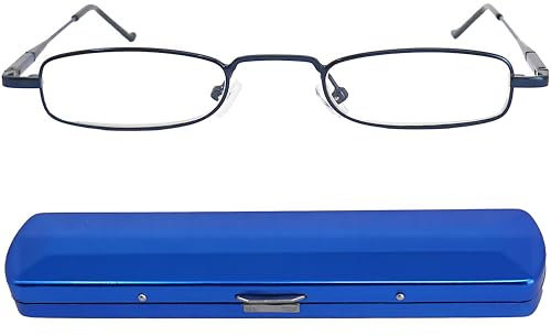Schmale Metall Mini Lesebrille, Edelstahl Rahmen (Blau), mit Gratis Slim-Fit Alu Etui, Lesehilfe Flach Damen und Herren +2.0 Dioptrien