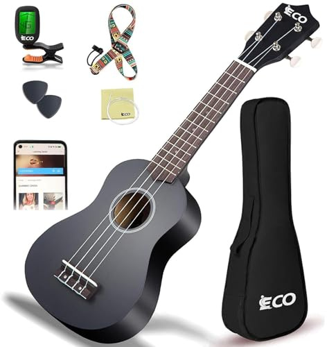 Sopran Ukulele Anfänger Kit für Kinder & Anfänger, 21 Zoll Ukelele mit Songbook, Case, Strap, Tuner, Strings & Picks - Schwarz | Für Kinder, Erwachsene, Studenten, Anfänger, Profi, mit Koffer, Gurt, Stimmgerät, Saiten, Plektren