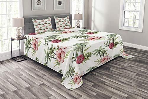 ABAKUHAUS Hawaii Tagesdecke Set, Palmen Hibiscus, Set mit Kissenbezügen Sommerdecke, für Doppelbetten 264 x 220 cm, Reseda Grün Hellrosa Rubin