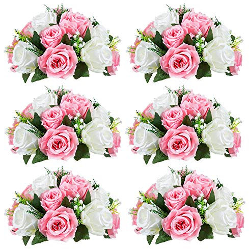 NUPTIO 6 Stück Künstliche Blumenstrauß, 15 Köpfe Kunststoff Rosen mit Sockel, Geeignet für Unser Geschäft Hochzeit Herzstück Blumenregal für Parteien Valentinstag Dekoration(Pink & Weiß)