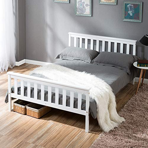 BTM Wooden Double Bed Frame, White Solid Pine 4ft6 Wood Bed for Adults, Kids, Teenagers (Bouble Bed)