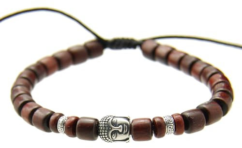 agathe création BP09112001 Bracelet tibetain Porte Bonheur - Tête de Bouddha - Bois Acajou et Argent 925 - Fait Main