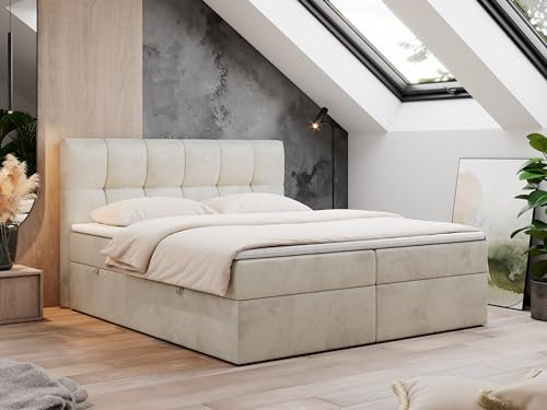 MKS MEBLE Boxspringbett 160x200 mit Bettkasten Beige Samt, Bett mit Matratze H3 Topper, Polsterbett 160x200 mit Bettkasten Kopfteil, Boxspringbett mit Matratze H3, RICO Beige Velvet