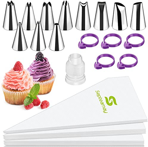 Septeamay 100 Pcs Clear Disposable Piping Bags with 11 Nozzles, Piping Bag and Nozzles Set with Coupler, Large Decorating Icing Bags, Pastry Bags for Cake Cupcake Baking Dessert Cookies Decoration