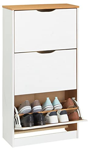 IDIMEX Schuhschrank Basil, schöner Schuhkipper mit 3 Klappen, praktische Schuhkommode aus Kiefer in weiß/braun