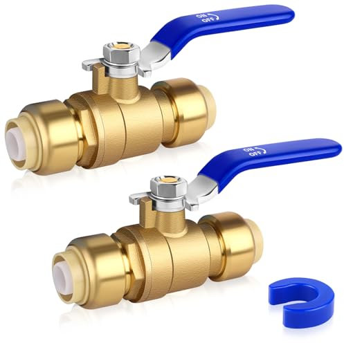 Push-Fit-Kugelhahn, 2 Stück, 1,27 cm x 1,27 cm Push-to-Connect-Wasserabsperrventil mit 1 Trennclip, Messing-Sanitär-Wasserventil, PEX-Kugelhahn, verwendet für PEX- oder PVC-Rohre oder Kupferrohre