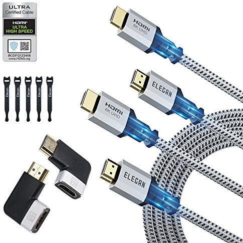 Elecan Lot de 2 câbles HDMI 2.1 8K (certifiés) de 2,4 m, cordon HDMI tressé 48 Gbit/s pour 8K @ 60 Hz 4K @ 120 Hz 2K 1080p, HDR dynamique, eARC HDCP 2.2 et 2.3 Dolby Vision pour PS5, PS4, Xbox HD TV