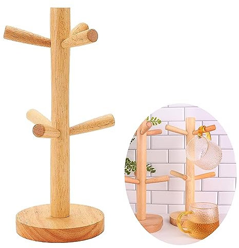 Porte-Tasses en Bois,Arbre à Tasses Arbre Porte-Tasse Support de séchage de Tasse en Bambou avec 6 Crochets de Tasse pour Café Tasse en Bois Bijoux Boucles d'oreilles Collier Crochet